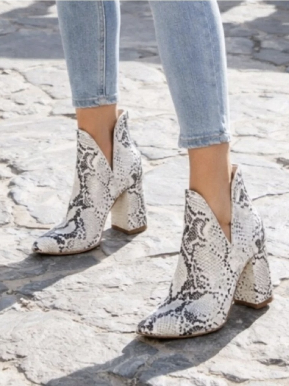 Steve Madden White Snake-Print V-Cut Ankle Booties